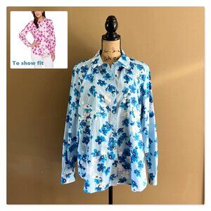 Susan Graver Printed Stretch Cotton Long Sleeve Button Front Shirt Sz 14